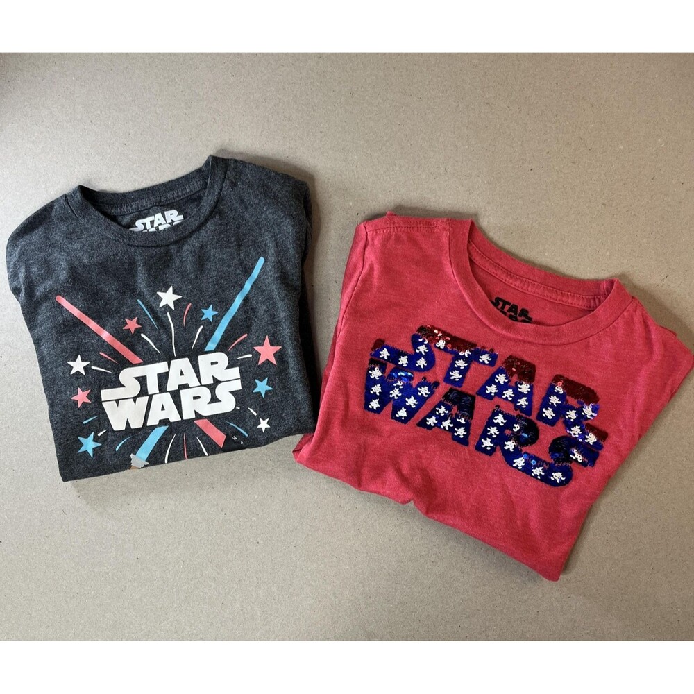 Star Wars Shirt Youth Small S Lot 2 Kids Lightsaber Sequin Graphic Tee 4th July